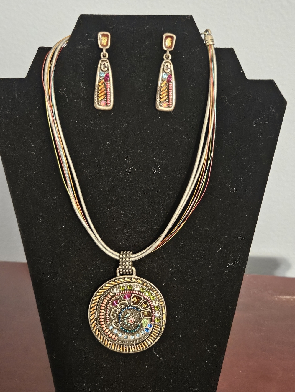Chico's Multicolor Crystal Spiral Pendant Necklace and Earrings - Gold Tone